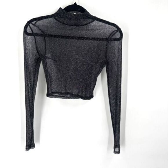 Tobi Sheer Black & Silver Glitter Crop Top Long Sleeve Mock Neck Small - Picture 1 of 7